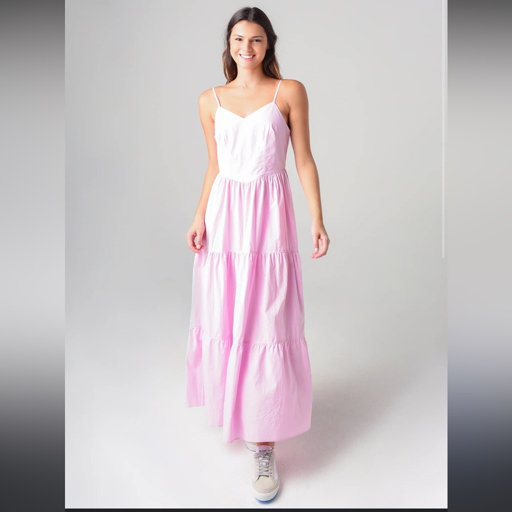 Hunter Bell Pink Tiered Cotton Midi Dress Size 8  Flowy Spaghetti Strap